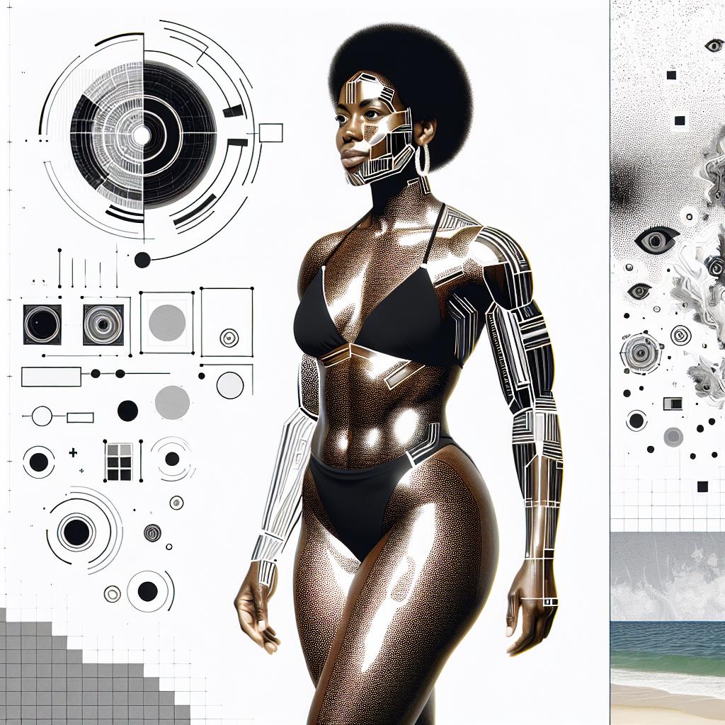 An image in a 2D linear perspective, with a white, textureless background. The central figure is a fit, Black woman with a muscular build, posing in a black bikini on an imaginary beach. The image plays on the intersection of beauty and technology, showing the woman's body with exaggerated muscular definitions, highlighting the influence of AI in beauty perceptions. The style is flat and corporate, with additional digital elements in the background to illustrate image manipulation. Surrounding the main figure are abstract depictions of various beauty standards, reinforcing the critique on idealization.