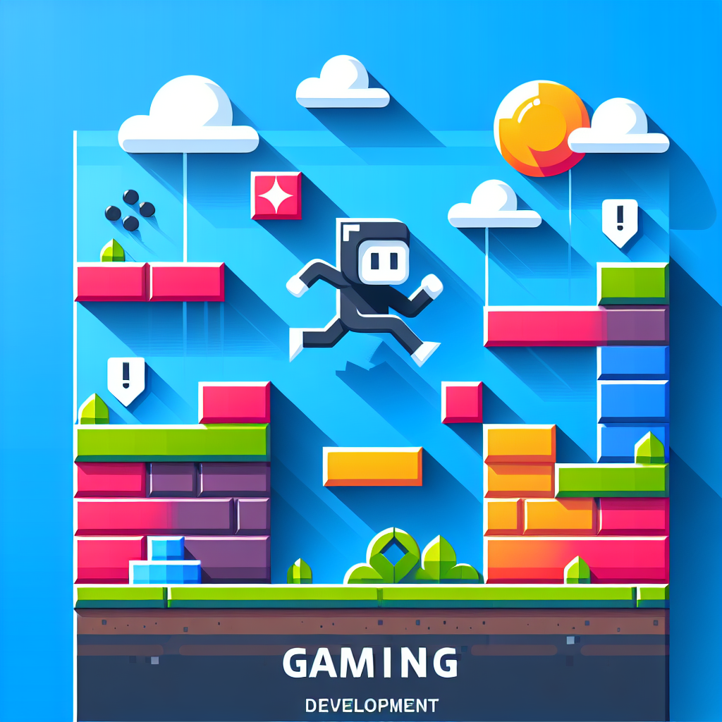 Create a 2D vector image that shows a stylized game character performing a wall jump in a colorful platform game setting. The background should be plain and white without texture. The game character should be in a dynamic position, jumping between two walls, against a blue sky setting in the background. The image is to be created in a corporate and flat design style. Also include game control icons to demonstrate the jump mechanics. Add an inspiring gaming development quote on the image.