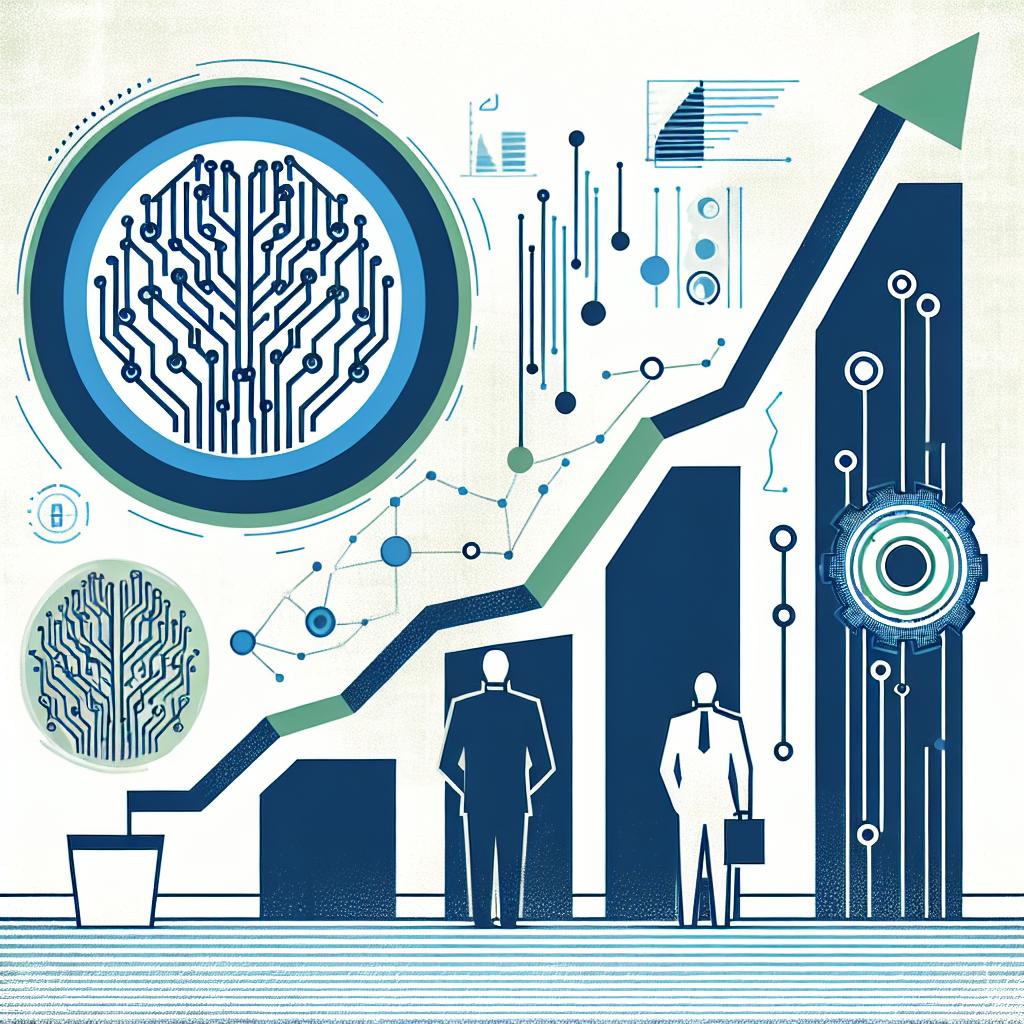 Depict a corporate-style, vectorial, and flat 2D image on a white, textureless background. Primary elements should be an ascending growth chart symbolizing recent financial success, and a round logo adjacent to it representing an artificial intelligence company. The logo doesn't need to have any distinct features other than being round and marked with an abstract design. The chart should be blue, and the logo green, to convey innovation and technology. Maintain a linear perspective throughout the image.