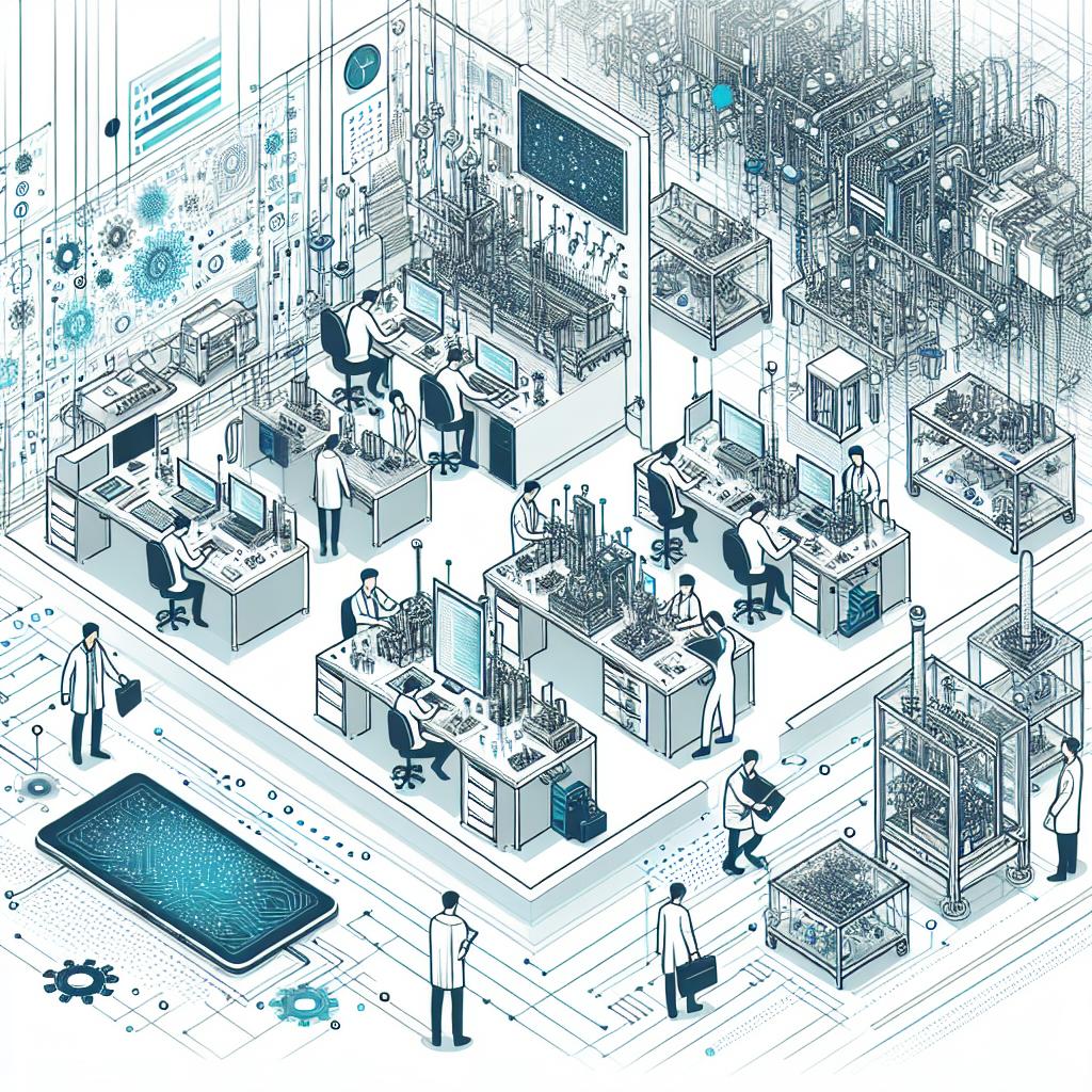 Create an image in a 2D, linear perspective that embodies the theme of innovation in hardware, focusing on the future of startups. Set against a white, untextured background, the image should depict a modern laboratory setting filled with advanced technology. Incorporate engineers of various descents and genders, actively working on hardware projects. Showcase prototypes and technological equipment visibly on display. Utilize a flat, corporate vectorial style, with blues and greens sprinkling throughout, symbolizing technology and sustainability.