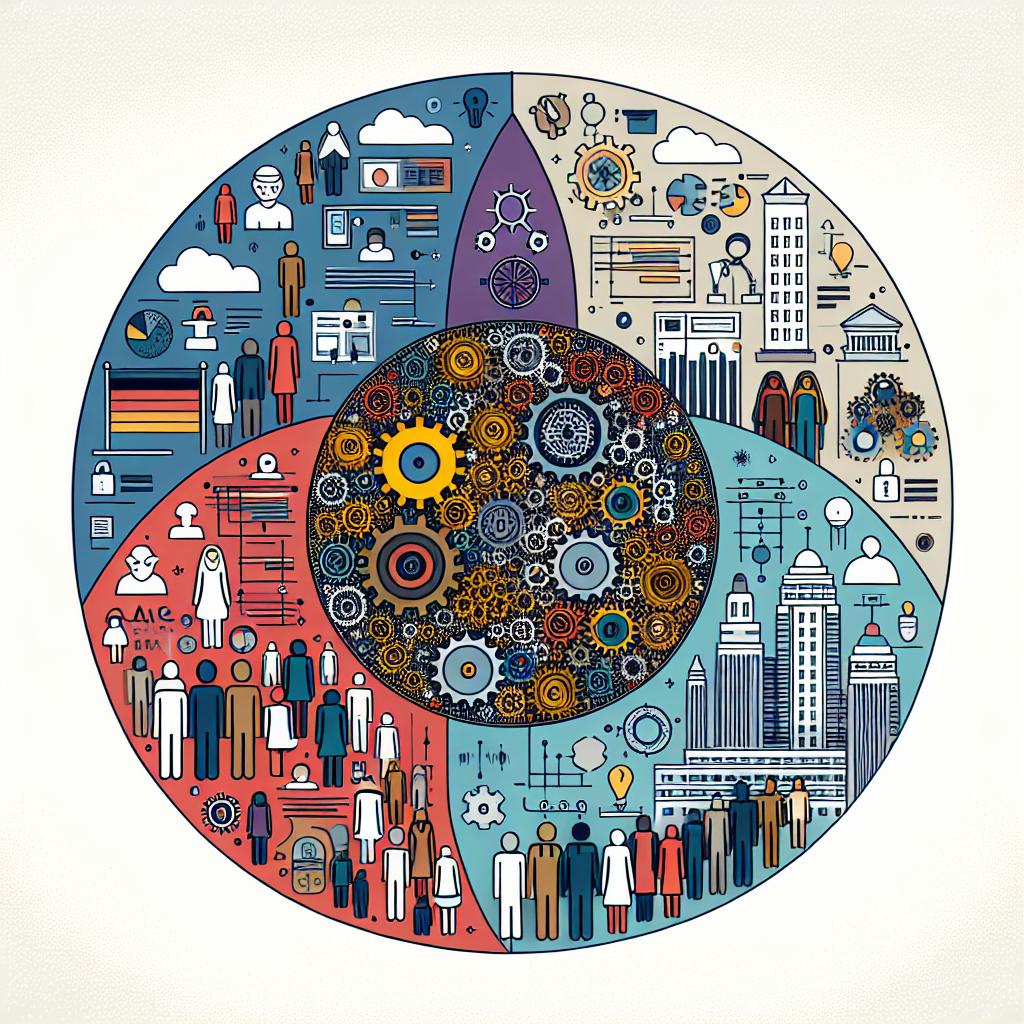 Create a 2D, linear perspective, corporate-style, flat vector illustration on a white, textureless background. The image should depict a Venn diagram showing the intersection of bias, fairness, and ethics in artificial intelligence. Include representative elements such as AI gears, symbolizing the internal workings of the models, set against a backdrop of a cityscape to represent the social context where AI is applied. Add a variety of human figures of varying descents such as Hispanic, Middle-Eastern, Black, South Asian, and White, both male and female, to denote the diversity required in AI data. Use a diverse range of colors to signify the complexity and variety of human experiences.
