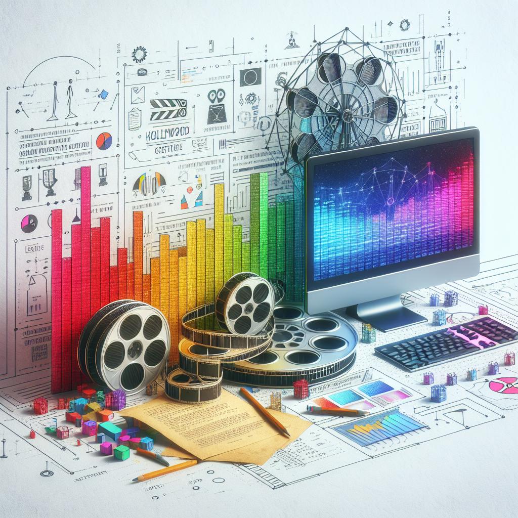 Create a 2D linear perspective, flat, digital image in a corporate style on a white, textureless background. It should illustrate the interaction between artificial intelligence and the creative process of scripting in Hollywood. Include a vibrant colored computer to symbolize the use of technology in creation along with traditional film reels to represent the conventional movie industry. Further, incorporate script text to emphasize the focus on script analysis. Lastly, sprinkle some data graphics to represent the analysis and feedback generated by the AI.
