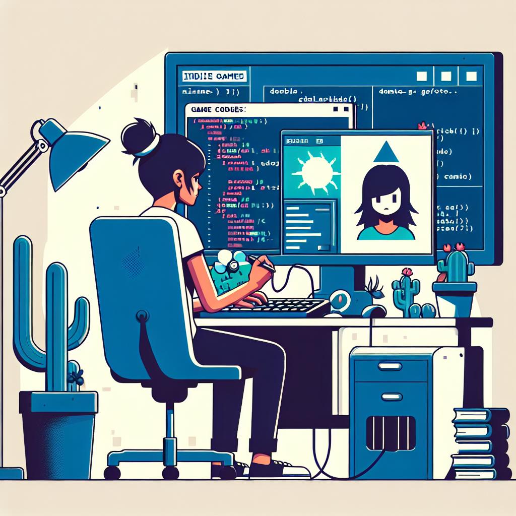 Generate an image showcasing the creation of indie games. In the center of the image, illustrate a Hispanic female game developer sitting in front of a computer, deeply engrossed in creation. The computer screen shows game codes and graphics in a split view, symbolizing the balance of technical and creative aspects of indie game development. The style of the image should be flat-vector in a corporate manner, with an untextured white background. The image is shown in a 2D linear perspective.