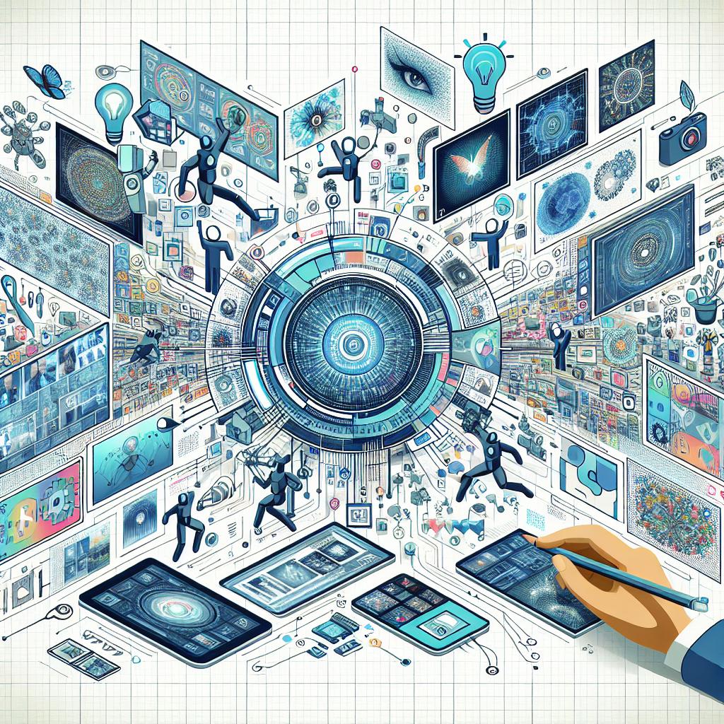 Create a dynamic and futuristic illustration, featuring multiple real-time interactive video and image windows, symbolizing the technological breakthrough in simultaneous visual processing. The image style is flat, vector and corporate in nature. The backdrop of the image is plain, untextured white, viewed from a 2D linear perspective. Added elements include a representation of an AI interface depicting human-machine interaction, colored cool tones (blues and greens) to convey modernity and technological innovation, along with images of different application fields (education, healthcare, art) symbolizing the extensive impact in various sectors.