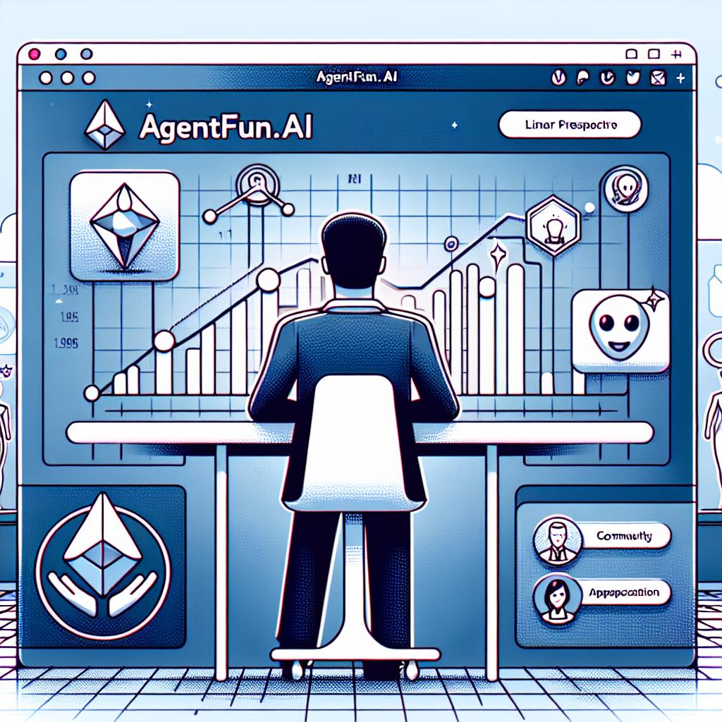 Create a 2D linear perspective image of the AgentFun.AI platform interface. This platform, launched on November 27, 2024, on Cronos zkEVM, marked the first decentralized application focused on artificial intelligence agents. The image should showcase a modern, corporate-style interface with subtly textured elements that reflect innovation and accessibility. The background should be flat and white. Key elements to be included are unique-looking AI agents representing diversity, growth charts symbolizing the potential for appreciation and development, and social interaction icons highlighting community connectivity and engagement. The style of the image should be flat and vectorial.