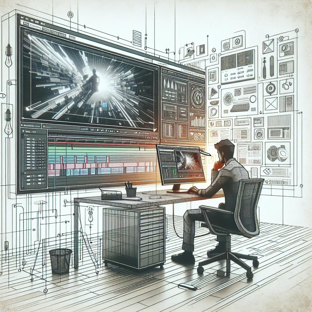 Create a 2D, linear perspective image in a modern, vector-style and flat corporate aesthetic. The scene is set on a white, textureless background and centers around a modern workspace that symbolizes innovation and creativity. The main focus of the image is a computer screen displaying the interface of a novel video-editing software with highlighted, futuristic functions. Additionally, show a concentrated editor at work, representing the productivity and focus these new tools provide.
