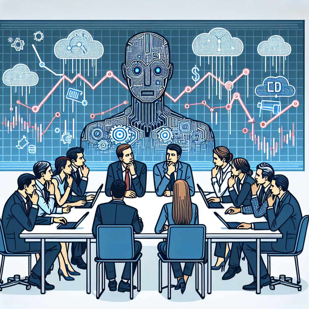 Generate a flat, corporate style 2D, linear vector illustration on a plain white background. The image is situated inside a corporate meeting room with a diverse group of male and female investors, expressing thoughtful faces as they scrutinize multiple falling chart graphics, symbolizing the decline of investments in tech companies. The primary focus is the relationship between technology investments and artificial intelligence.