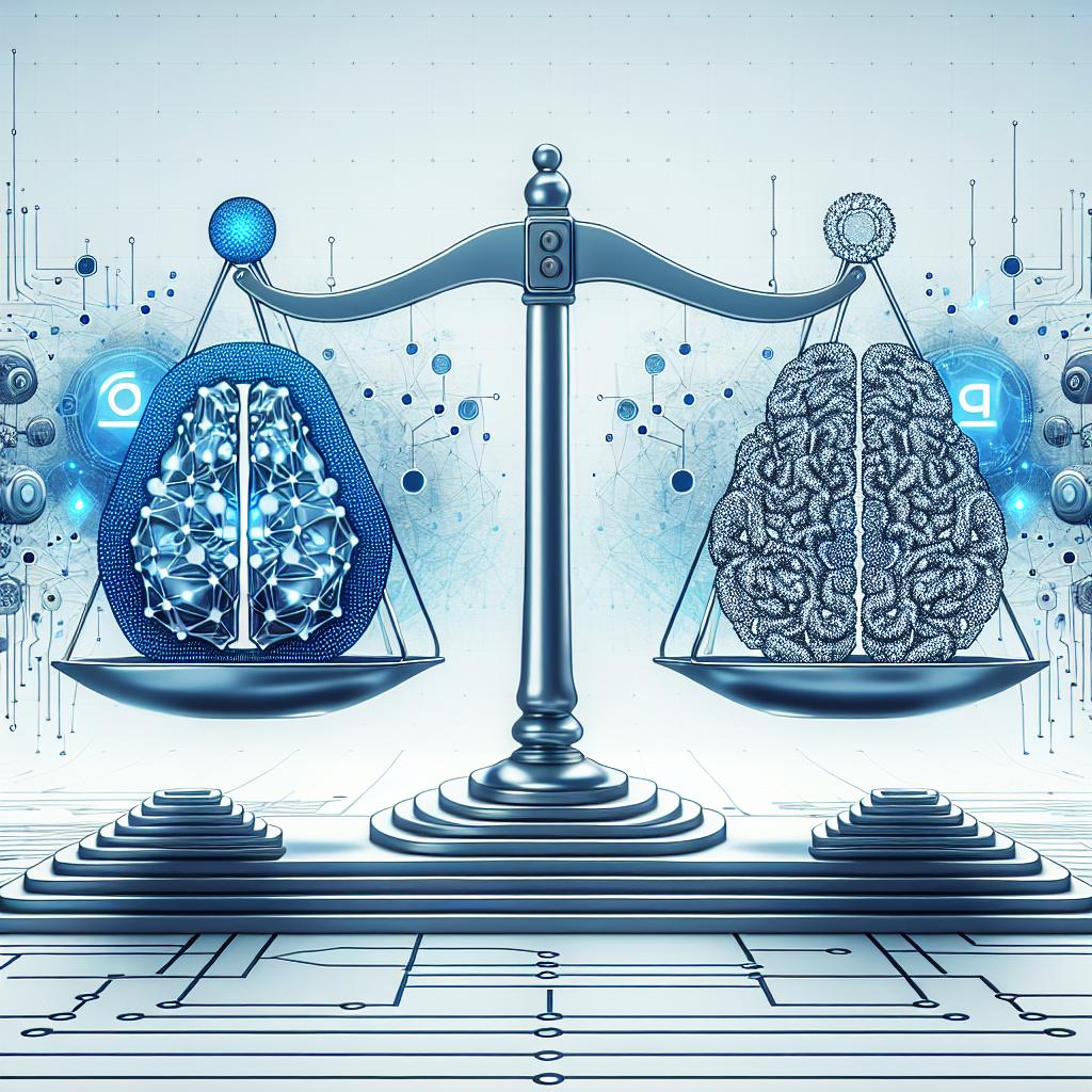 In a vector, flat, and corporate style, a graphical representation of a competition between two tech companies. The scene is set against a white, textureless background with a 2D, linear perspective. Key elements include a balance scale, representing the comparison between the two firms' AI innovations. On one side of the scale, a distinctly blue emblem embodies one company, while on the other side, an emblem made of interconnected nodes represents the other firm. The balance scale is in a state of equilibrium, suggesting a substantial competition in AI prowess. A digital brain, symbolizing artificial intelligence, is placed prominently in the scene.