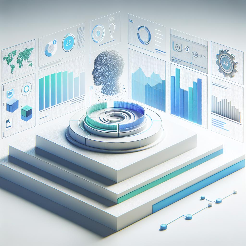Construct a 2D vector-style image featuring a white, textureless background. In the center, place a representation of Microsoft's AutoGen interface to demonstrate its new functions, integrating blue and green hues to reflect the company's visual identity. At a strategic location, add the Microsoft logo to signify its innovation. Include a symbol representing Artificial Intelligence to be presented in a flat and corporate style, to highlight the central theme of the article. Lastly, display charts reflecting the performance to visualize the impact of the new tools.