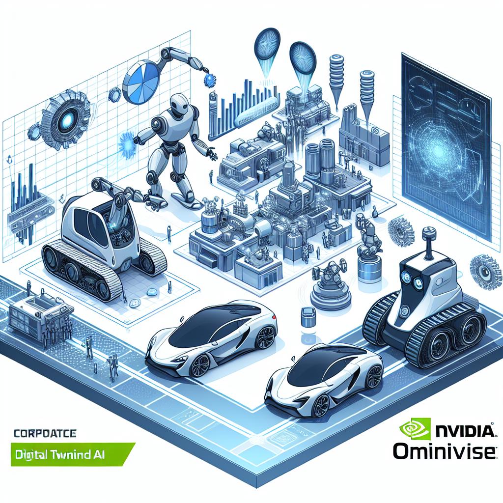 Create a corporate flat, vector-style image set in the year 2025 during CES, featuring the integration of Nvidia Omniverse with physical AI applications. The composition should include robots and autonomous vehicles in a futuristic digital setting, emphasizing the concept of digital twins and process optimization. The robots are there to symbolize industrial automation and the autonomous vehicles represent the future of transportation. The digital environment signifies advanced simulations and data graphs are present as well, indicating data analysis of processes. Render this in 2D, linear perspective with a untextured white background.