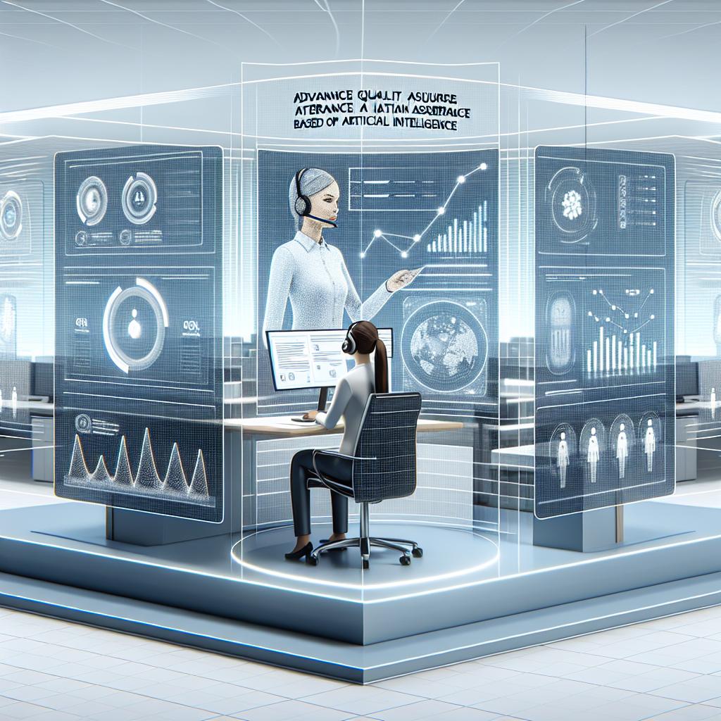 A 2D, linear perspective view of a scene in a modern, tech-oriented office in Corporate, Flat, Vector style with a textureless white background. The protagonist is a Caucasian female call center operator, interacting with Advanced Quality Assurance (AQA) based on artificial intelligence. The scene shows performance data generated automatically and floating around her in the form of digital charts and indicators. This scene represents the harmonious integration of AI and human efforts, symbolizing the tech innovations in current workplaces leading to more efficient and consistent customer service.