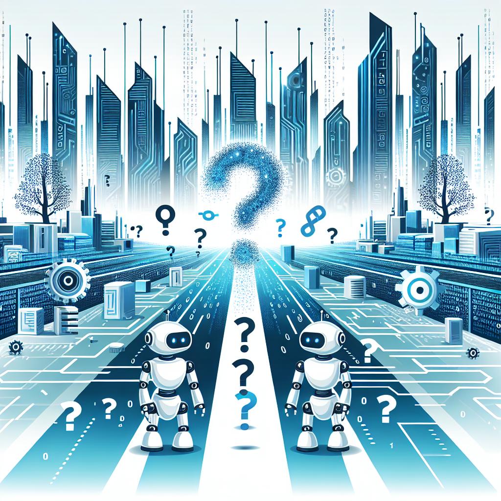 Create a 2D, flat-style, corporate vector illustration in a modern and minimalist style, using a linear perspective on a white and textureless background. The image features a futuristic, technological scenery composed of futuristic cities, symbolizing advanced technology. In the foreground, two robots, representing the AI models known as DeepSeek V3 and ChatGPT, are competing. They are surrounded by binary codes, symbolizing programming and data, and shades of blue light, representing innovation and advanced technology. There are also question marks scattered around them, raising questions about the originality and training sources of the models.