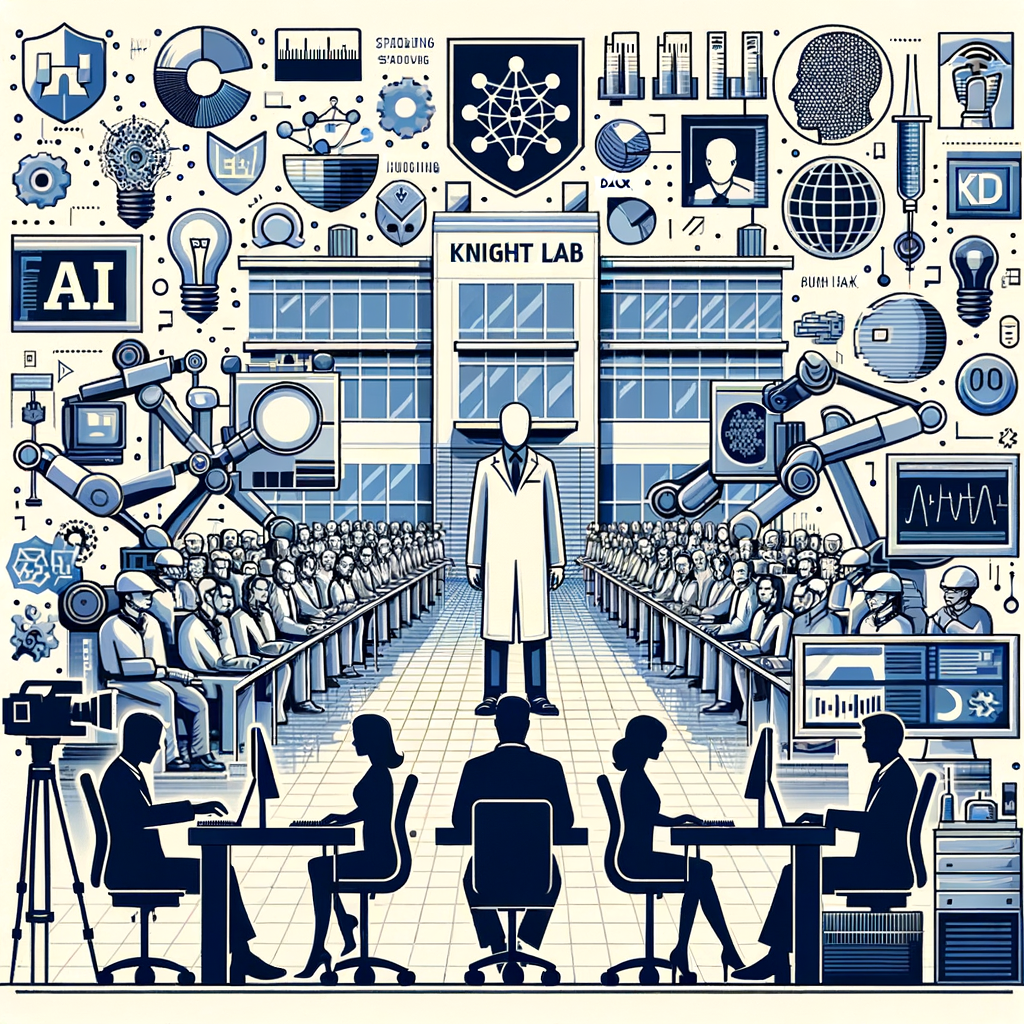 Create a 2D, linear perspective, flat, and vector-styled corporate image with a pure white, textureless background. Include these elements in the image: The logos of two unseen institutes symbolizing a partnership, an image of a research laboratory standing in for Knight Lab, icons representative of artificial intelligence technology study, and a scene depicting journalists, both male and female of varied descents (Caucasian, Hispanic, Black, Middle-Eastern, South Asian), working actively. All these elements should collectively illustrate the focus on AI and journalism research. The color palette for the image should majorly consist of white and various shades of blue, associated with one of the unseen institutes.
