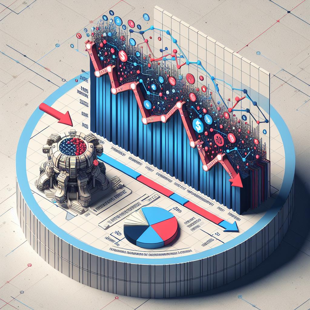 Create a 2D, linear perspective image with a textureless, white background, focused on the theme of funding cuts in artificial intelligence (AI) research. An important element of the image will be a vector, Flat, and corporate-style graph demonstrating the decline in funding from the National Science Foundation (NSF). The graph should be highlighted with representative colours, with blue for the United States and red for China. Indicative arrows pointing to the reduction in investments are also an essential part of this visual representation. Alongside, add explanatory text providing context about the importance of funding.