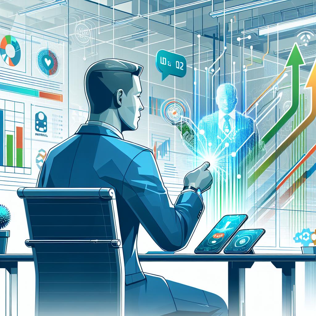 Depict a scene from December 3, 2024, during a major tech conference. The CEO of a leading tech company is seen using their latest smartphone, the model 16, while discussing innovations in artificial intelligence. The Flat, Corporate and Vector style is preferred. The background should be white and devoid of texture. The perspective should be linear 2D. Additional features should include bright, vibrant colors to convey a sense of innovation and technology, and logos of two top-tier tech companies to highlight their partnership. There should also be growth charts symbolizing efficiency and market potential.