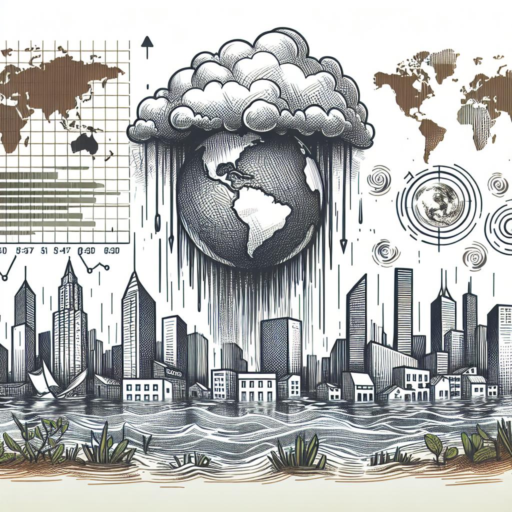 Illustrate a 2D vector-style, flat, corporate-style scenario representing a city vulnerable to flooding. The city is sketched on a white, textureless background with a looming threat signified by a cloudy sky. There are also satellite images acting as a backdrop of this illustration showing areas potentially affected by floods. Visualize the influence of climate change with symbolic elements such as climate charts highlighting factual data. Remember to adhere to a linear perspective while depicting this imminent climate disaster.