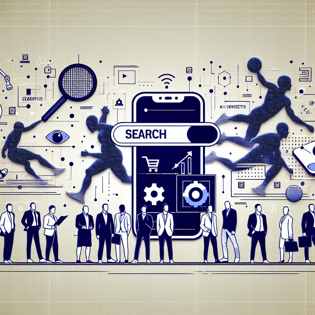 Generate a flat, corporate style, vectorial image, from a 2D, linear perspective on a white, textureless background. The image illustrates the improvement in search technology at a generic sports channel partnered with a technology corporation. The main elements are: famous athletes portrayed in a non-identifiable way to communicate fan connection, mobile devices for symbolizing modern usage and accessibility, AI icons to reflect technological innovation, and sports events happening in real time to emphasize the importance of real-time content.