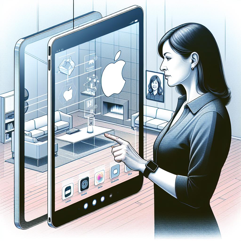 A conceptual representation of a new intelligent display device in 2D linear perspective. This modern, sleek device sits in the center of a well-lit contemporary home environment. A user, a middle-aged Hispanic woman, is interacting with the display, exemplifying its functionality. The display closely resembles an iPad and is evidently the centerpiece of the setting, highlighting an innovative user interface. Around the display, Apple's application icons are floating, symbolizing the device's connection to various technologies. The illustration style should be corporate and flat, rendered in vector graphics. The image's background should be white and textureless.