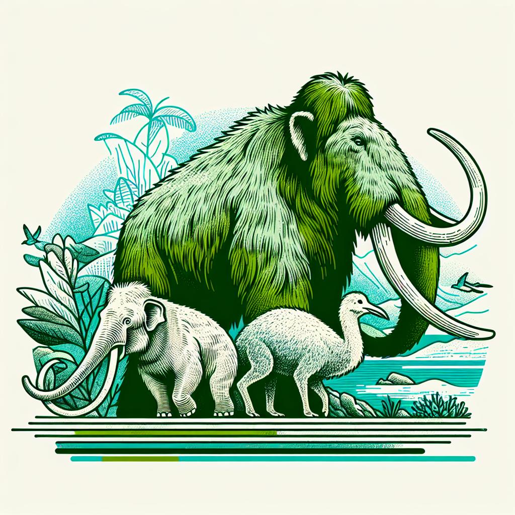 Create a corporate-style, 2D linear, vector art image on a white, texture-less background. This image should carry the theme of reviving extinct species. Illustrate a woolly mammoth - the symbol of science's efforts in bringing back extinct species. Also depict a thylacine and a dodo, representing the vast array of species that can be revived. Set these elements on a vibrant natural backdrop, emphasizing the importance of environmental preservation. Utilize shades of green and blue to evoke the feeling of growth and renewal within nature.