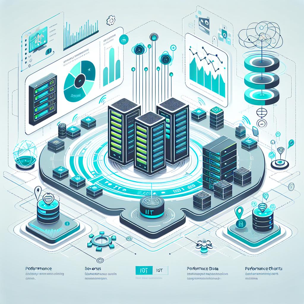 Envision a futuristic technology scene in a vector styled, flat, corporate manner in two dimensions. The scene is set on a textureless white background and showcases multiple elements symbolic of edge computing and artificial intelligence. These elements include interconnected servers and data centers, representing the necessary IT infrastructure to support AI, and IoT sensors, symbolizing real-time data collection. Further visual elements include performance charts to illustrate data analysis and generated insights. Moving data elements are also included to represent real-time analysis. The primary colors used are soothing shades of blue and green, transmitting a sense of innovation and technology.
