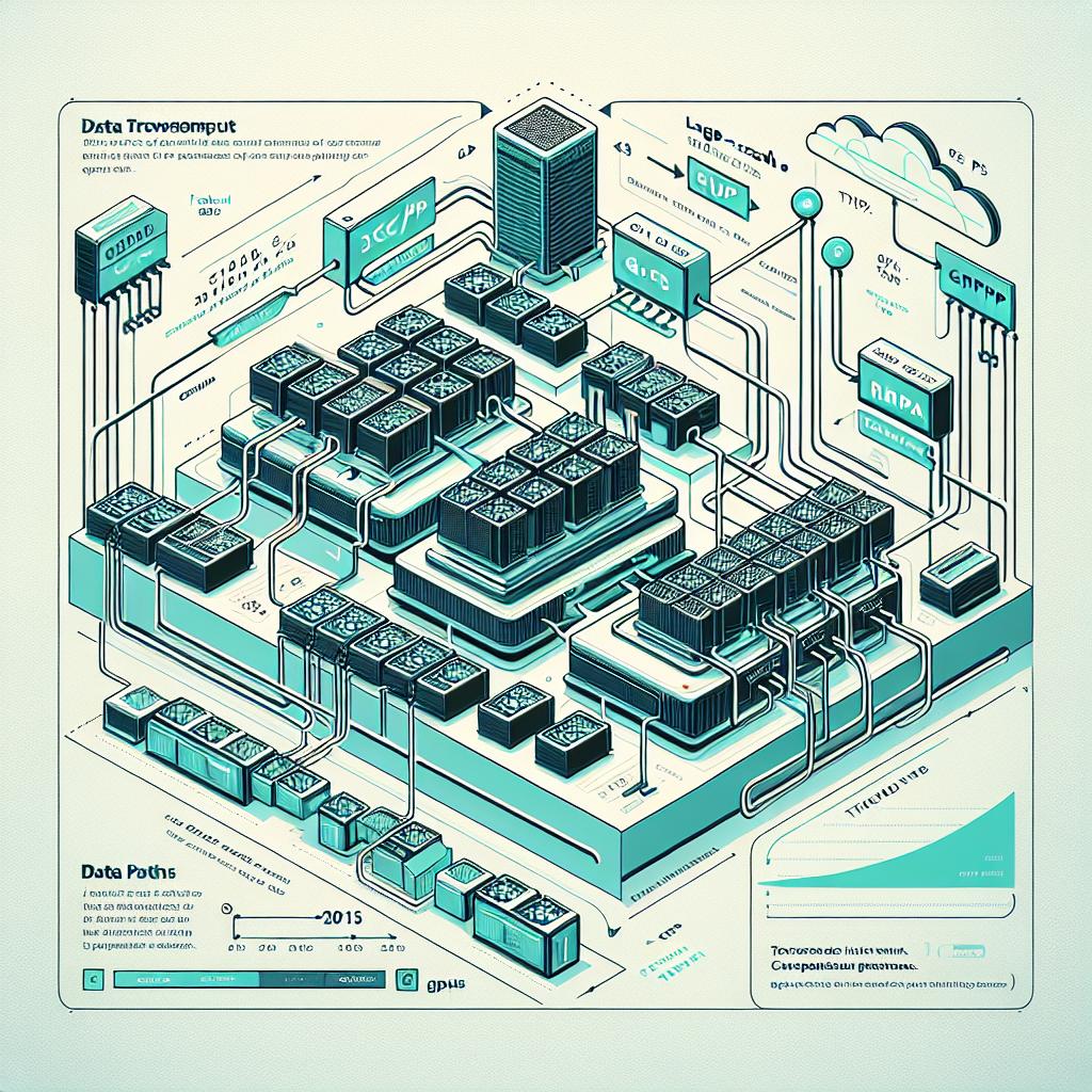 Create a 2D, flat style, corporate vector image on a white, untextured background. The image depicts a technical illustration of large-scale GPU memory transfers on the AWS p5 platform. They've achieved a remarkable throughput of 3108 Gbps, 97.1% of the network's theoretical capacity on February 10, 2025, using a high-performance custom solution. It visualizes the architecture and data transfer between GPUs using RDMA, with detailed views of data paths, GPUs, and network structures to facilitate understanding of the process. The image also includes diagrams contrasting TCP/IP and RDMA, arrows indicating data flow between the GPUs, and labels for clearly identifying each part of the presented architecture.