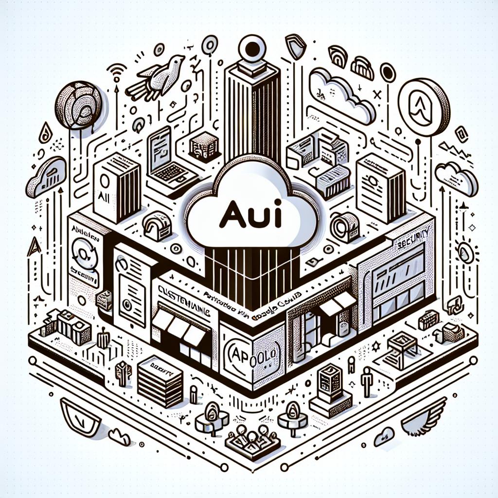 Create a 2D, linear perspective, vector-style image on a white, textureless background. The image represents AUI's Apollo, an innovative AI solution designed for businesses, in partnership with Google Cloud, aiming to improve customer interactions in various industries like retail and financial services. Key elements include a representation of the AUI logo, as the brand that developed the technology, and the Google Cloud logo, symbolizing the partnership. There should also be a business scenario depicting interactions with customers across diverse industries, as well as AI and security icons to emphasize Apollo's main characteristics. Remember to keep the style vectorial, flat, and corporate.