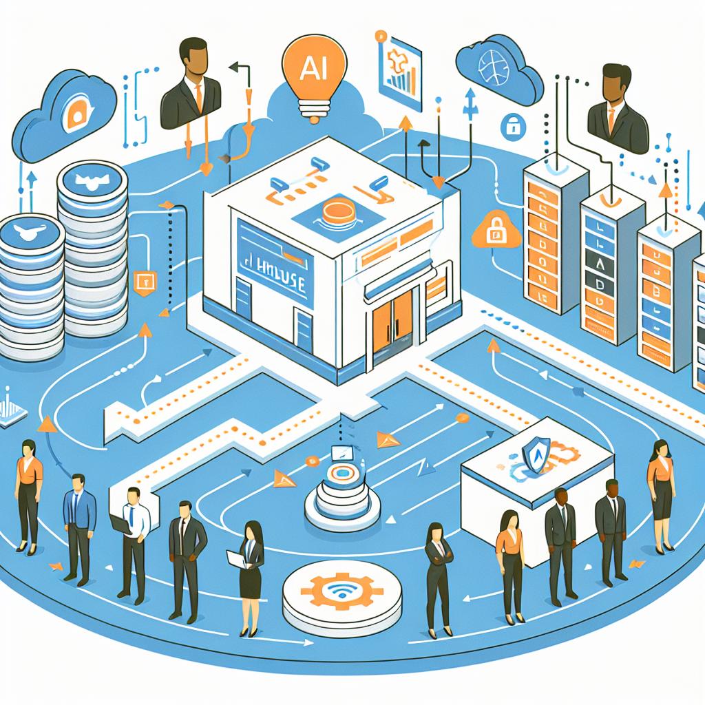 Create a 2D, linear, corporate-style image with a white and textureless background, captured in a vector art, flat design. The scene should depict the data flow within an AI Lakehouse, with several layers of data storage and data analysis integration highlighted. These layers of data should illustrate the various stages of data processing. Incorporate flow arrows to indicate the movement and accessibility of data, and include security icons symbolizing implemented safety measures. To emphasize the collaboration among departments, include team representations with diverse members such as a Caucasian man, a Hispanic woman, a Black woman, and a Middle-Eastern man.