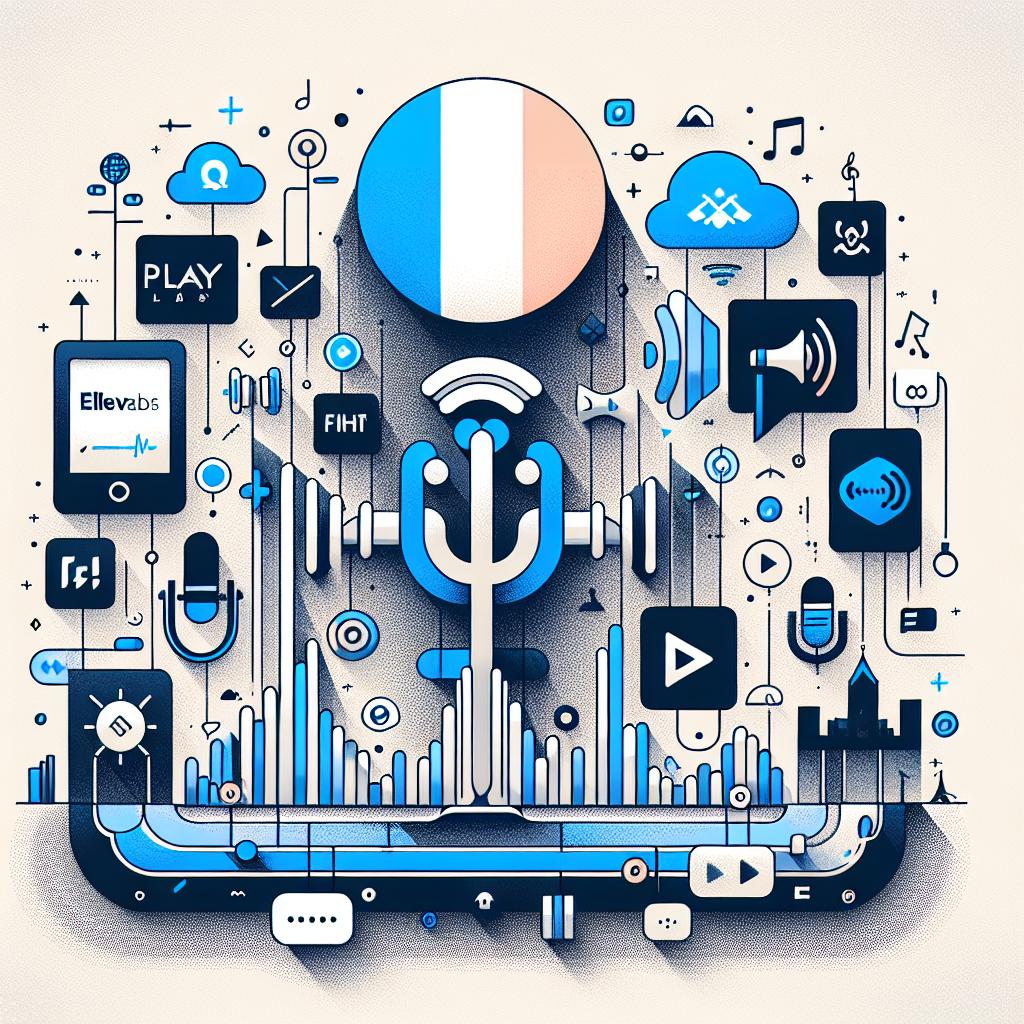 Create a corporate and flat design vectorial illustration that visualizes the importance of Text to Speech tools in French. The image should be 2D, from a linear perspective, and have a clean, textureless white background. It should feature logos of key platforms in this technology including those of ElevenLabs, PlayHT, and Speechify. The represented logos symbolize the top options in the field. Accentuate the illustration with symbolisms connecting to the French language such as a blue and white color palette reminiscent of the French flag. Also, include graphics that indicate sound or sound waves to emphasize the text to speech conversion functionality. Finally, incorporate modern typography to communicate innovation and technology.