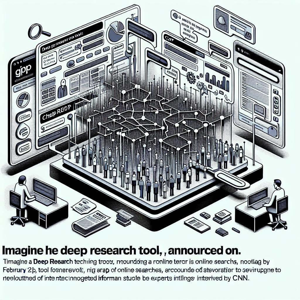 Imagine a depiction of the Deep Research tool by ChatGPT, announced on 3rd February 2025. This tool promises a revolution in online searches, according to experts interviewed by CNN. The image should be representative of a search technology interface, featuring complex data and graphics that symbolize a network of interconnected information. The style should be a corporate, vector-based, and flat design. The background should be a texture-free, white background. It should be a 2D linear perspective image. Additional elements to be included are: an interface of ChatGPT which is the tool being discussed, data graphs to illustrate the depth and complexity of the information and depictions of individuals of varying descent and genders, using technology to signify interaction with the new tool.