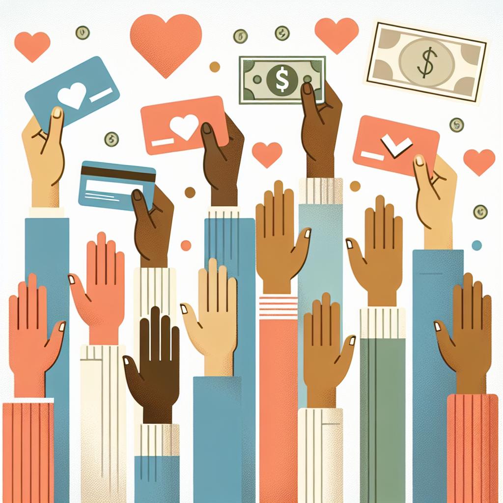 On a white and textureless background, various raised hands with different skin tones can be seen, representing diversity and inclusivity. They hold symbols of donation and generosity, including credit cards, coins, and hearts, signifying collective action in support of social causes. The style should be in a flat, corporate style of vector illustration in a 2D linear perspective. The additional elements to emphasize on are the credit cards indicating monetary donations, hearts showcasing compassion and generosity, dollar bills visualizing the financial impact of the donations. The background should be in soft colors to create a positive and encouraging atmosphere.