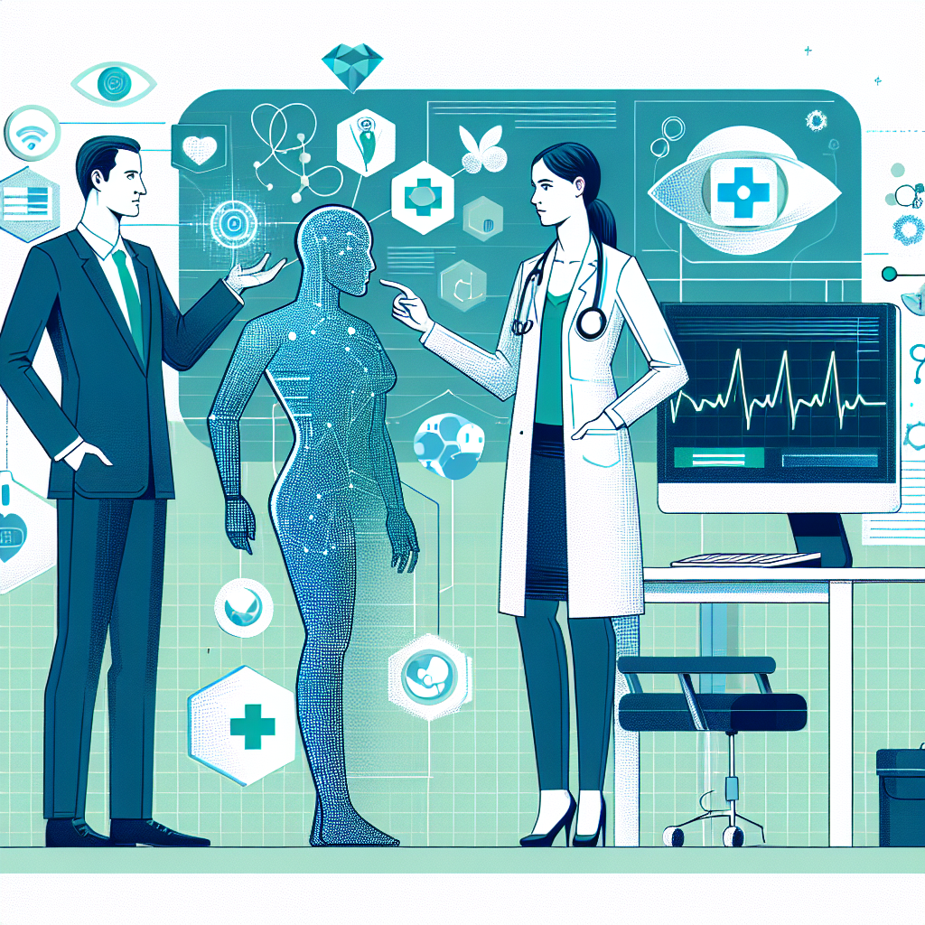 Create a flat, corporate-style, vectorial 2D image from a linear perspective on a white, texture-less background. Portray a Hispanic female doctor engaging with an AI model within a modern clinical environment. Showcase medical graphs and data points floating around in shades of blue and green, symbolizing the medical data being analyzed. Include a computer with an AI interface to represent health technology and use medical-themed symbols to emphasize the medical context. The color palette should rely on shades of blue and green, symbolising trust and health. The overall atmosphere should underline innovation in health and medicine.