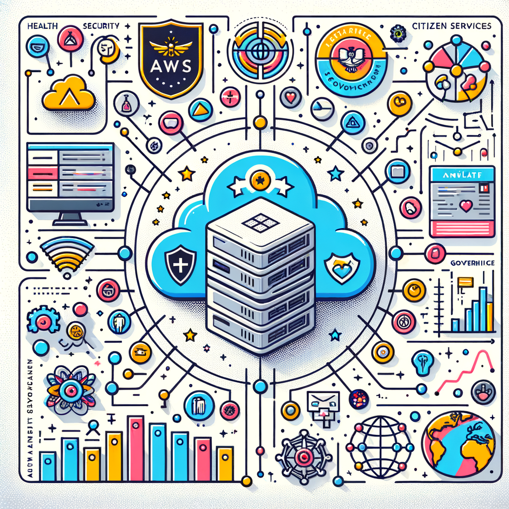 Create a flat, corporate-style, vectorial illustration in 2D linear perspective with a textured white background. Depict a cloud server symbolising the AWS infrastructure that hosts the Claude models of the AI development company, Anthropic. Surround the cloud server with colourful icons signifying health, security, and citizen services, representing the various applications of Claude in government agencies. Include a map of the USA, indicating the use of Claude models in the US Intelligence Community. Add symbols of data analysis and graphs, representing the data analysis and insights provided by Claude. Use vibrant colours to underscore the innovation and advanced technology of AI.