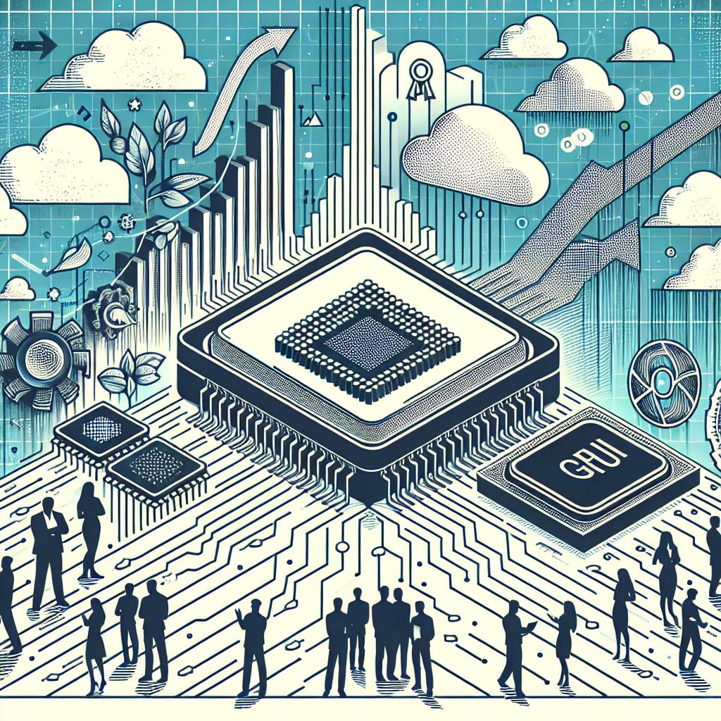Illustrate an image in a corporate, flat, vector style on a texture-less white background in a 2D linear perspective. The main idea is the merging of two tech companies, symbolized by elements of artificial intelligence and GPU orchestration. Include GPU chips to present market strength, a cloudy sky with cloud icons symbolizing cloud computing, and growth charts illustrating advancement and innovation in AI. Depict silhouettes of people of diverse genders and descents working collaboratively, emphasizing the concept of open-source.