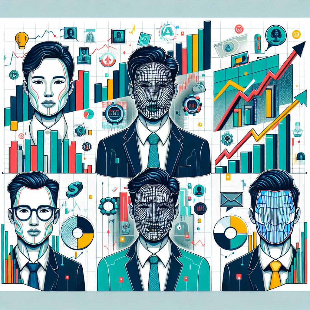 Title: The Rise of Tech Billionaires

Picture a flat, corporate-style, vector illustration in 2D linear perspective. The image is a collage depicting four anonymous tech billionaires, without specific identifiable features but representing gender and racial diversity. Set against a white, textureless background, the characters are surrounded by rising stock charts and icons of Artificial Intelligence (AI). Details of the image include stock charts graphically showing market growth, AI icons symbolizing the cutting-edge technology in focus, and vibrant colours to catch the eye and reflect the urgency of the technology. Portraits of the billionaires are included to humanize the story.