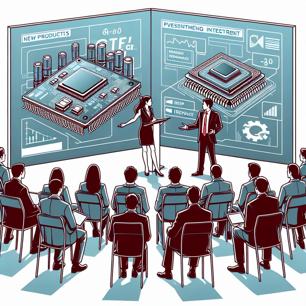 Illustrate a flat, corporate, vector-styled image in 2D linear perspective. The scene takes place at a tech event held in New York where executives from a semiconductor manufacturing company are presenting new developments in chip technology. The executives can be portrayed as leaders delivering an innovative presentation in front of an engaged audience, symbolizing potential investment interest. The presentation screens in the background should highlight new products and forecasts. The image should be on an untextured white background.