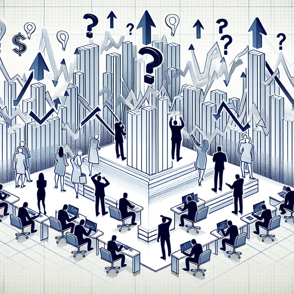 At the hypothetical 2025 Corporate Event, an unnamed finance minister highlighted the current tension in the Brazilian financial market due to challenging external circumstances, including uncertainties in US monetary policy. A visual representation is needed of this financial market tension, layered in a 2D, linear perspective with a clean, white, textureless background. The image features falling and rising graphs representing market volatility, nervous investors of different genders and descents at trading desks, question mark symbols demonstrating economic uncertainty, and arrows indicating market ups and downs. The image style falls under a corporate, flat, vector-based aesthetic.