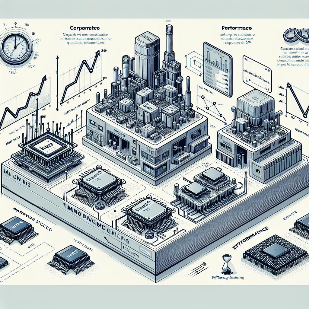 Create a corporate, flat, vector illustration in a 2D linear perspective on a plain, white background. The image should show the evolution of timing devices, with emphasis on MEMS (Micro-electro-mechanical systems) devices from SiTime. Highlight their applications in artificial intelligence by showing their integration into electronic circuits. Depict operational GPUs working in conjunction with these new timing devices. Include performance graphs to illustrate how efficiency is improved with this new MEMS technology. Ensure the art is sophisticated and conveys the vital role of these devices in the advancement of AI technology and significant energy savings.