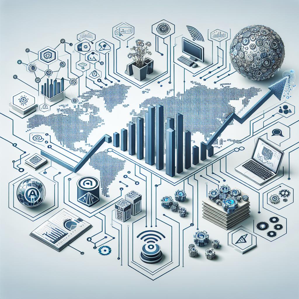 Create a 2D, vector-style, corporate-themed image on a plain, white background. The image symbolizes the impact of artificial intelligence (AI) on retail communications, characterized by growth charts, technology icons, and a visual representation of global connections. The growth chart should suggest positive growth influenced by AI. Technology icons, depicting AI tools and innovations, should be placed strategically. Global maps, indicating potential for international expansion through AI, should be present. All these elements should convey an efficient communication system powered by AI in the retail sector.
