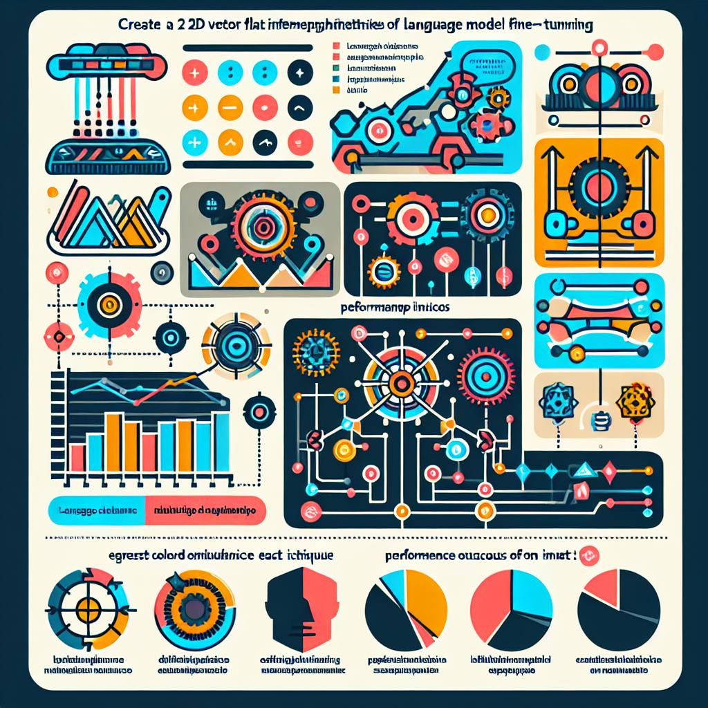 Create a 2D vector flat styled corporate infographic with a white untextured background. The visualisation should illustrate the different methodologies of language model fine-tuning. It should include distinctively colored graphs comparing efficiencies of each technique, performance icons illustrating the expected outcomes of each method, and brief explanatory texts beside the corresponding icons. The components should be distinctly colored to aid visualization.
