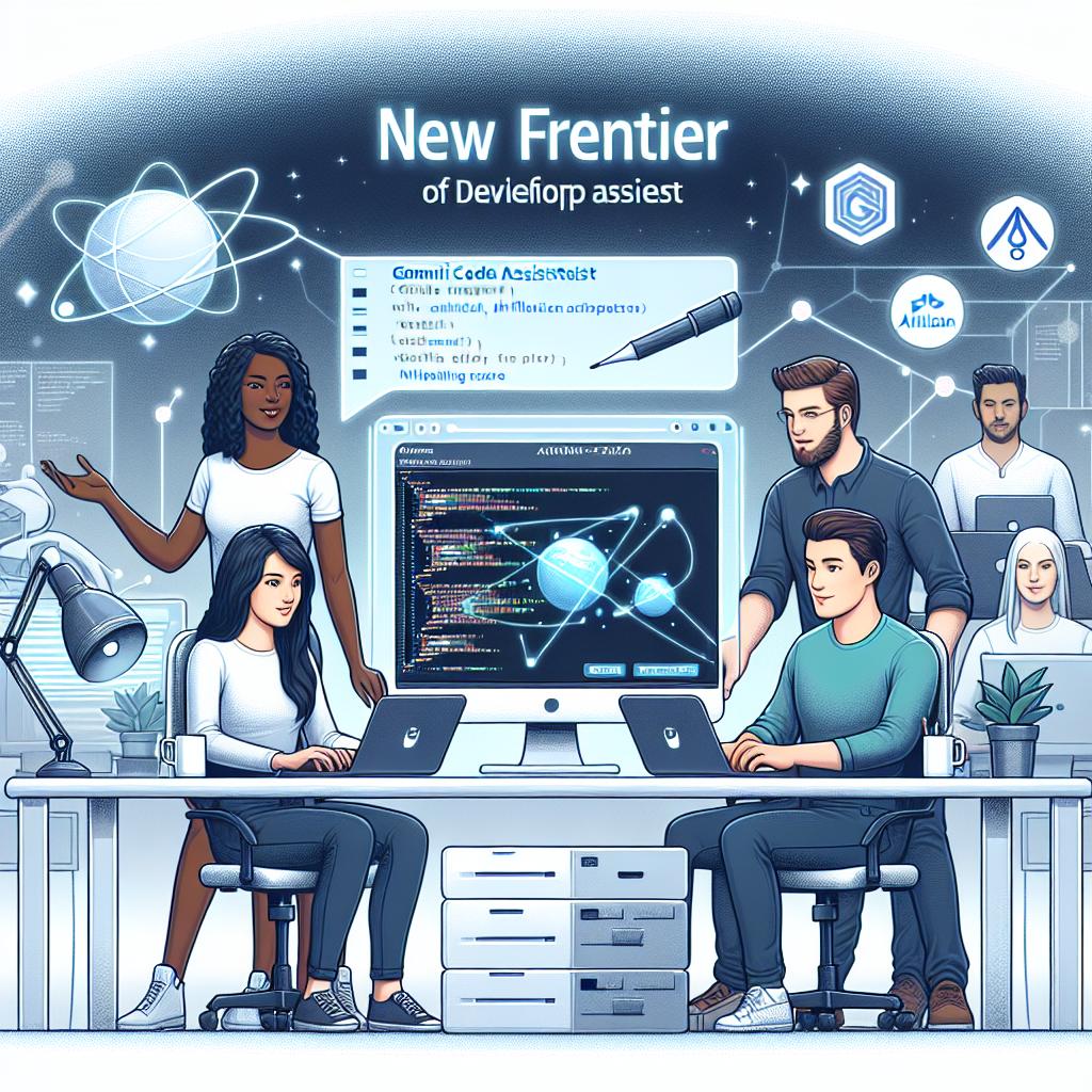 Illustrate a scene set in 2024 depicting the new frontier of development brought by Gemini Code Assist, an artificial intelligence-based coding assistance tool. Portray a diverse team of developers (Caucasian woman, Hispanic man, Black woman, and Middle Eastern man) collaborating in an integrated digital environment, embodying the efficiency and interconnectivity of the tool. Provide depictions of computers and screen showcasing the innovative user interface of Gemini Code Assist. Showcase logos of tools like Atlassian and GitLab, highlighting their significance in the environment. Use a white, texture-free background and generate the image in 2D, linear perspective. Implement a corporate flat vector style, and utilize cool colors like blue and green to convey a sense of technology and innovation.