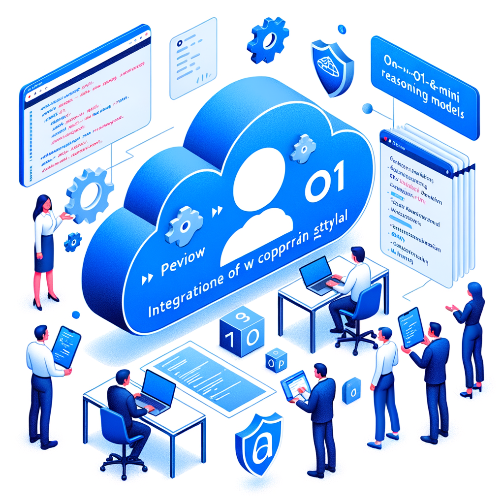 Create a 2D, vector style illustration with a flat, corporate feel. The scene takes place in a white, untextured background and portrays developers of different genders and descents, engaged in an Azure cloud environment. Emphasize the integration of OpenAI's new o1-preview and o1-mini reasoning models. Elements in the scene should include coding algorithms to symbolize the advanced code-generation capabilities, legal documents to represent complex document analysis, and a security shield symbolizing the 'on-by-default' security features.