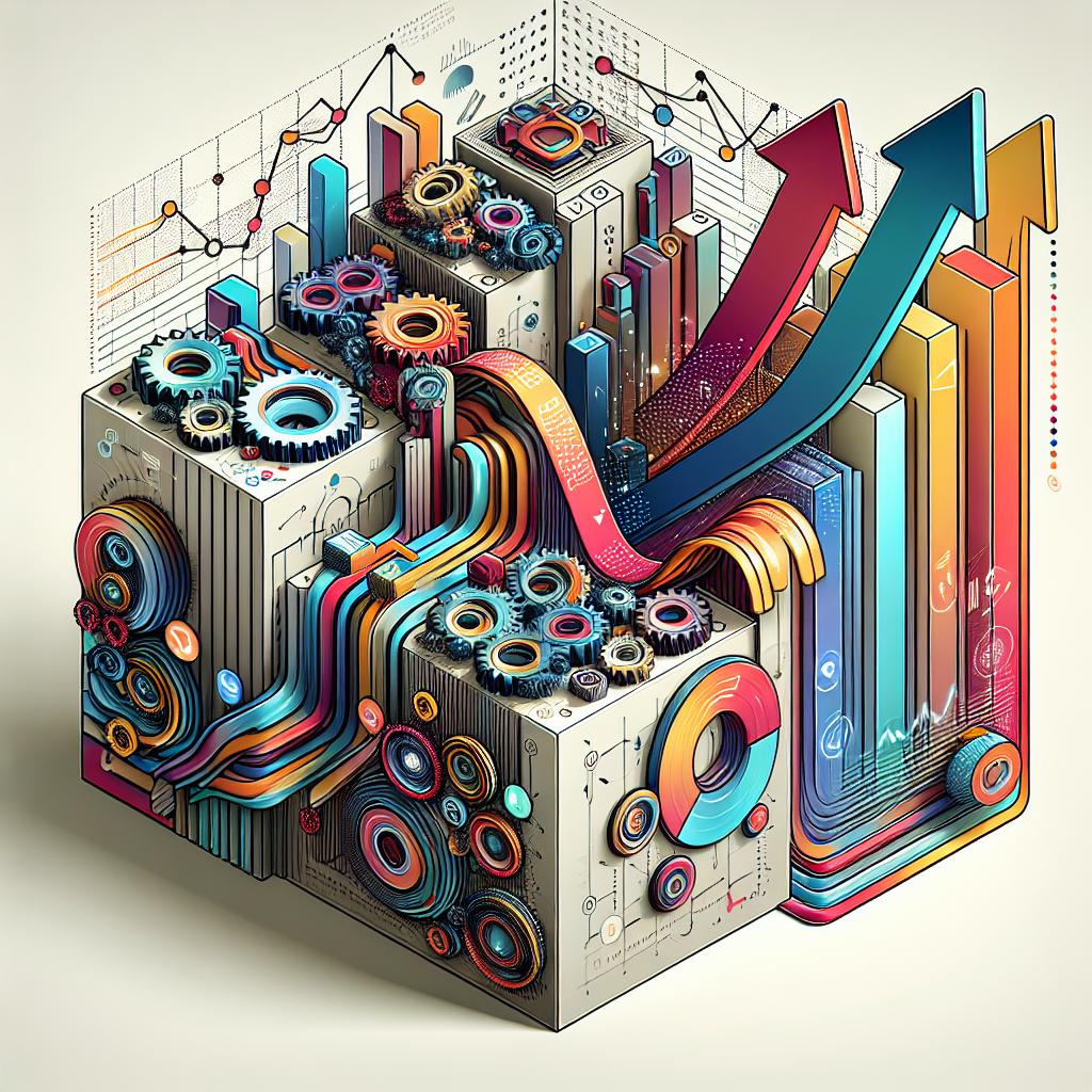 An illustrative graphic representing the new pricing options for Cascade on December 6, 2024, announced by Codeium. Rendered in a 2D, Linear perspective with a corporate, vector and flat style. The image against a white, texture-less background demonstrates flexibility and innovation with symbolic elements: gears signifying functionality and technological innovation, ascending charts showing growth and progress, and technology icons emphasizing development tools. The graphic incorporates vibrant colors to spotlight dynamism.