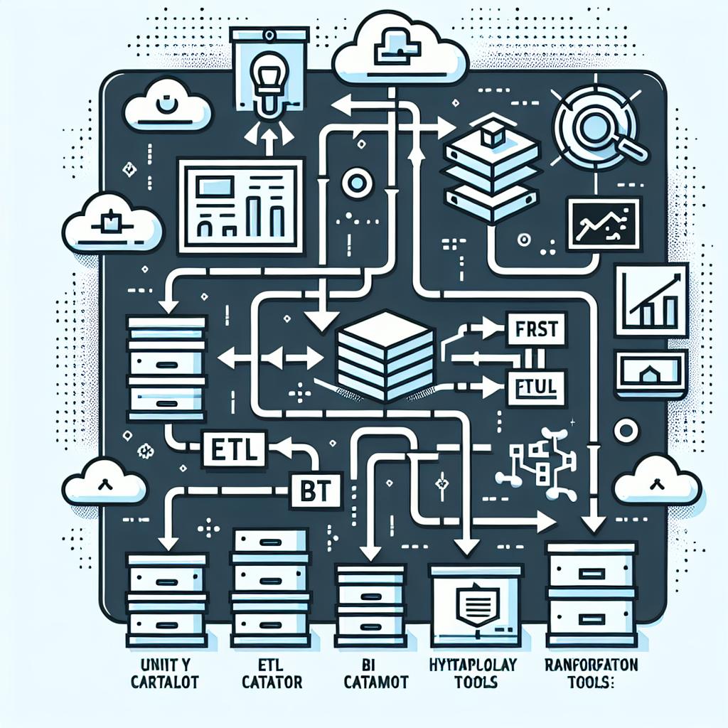 Create a 2D, linear perspective image in a flat, corporate vector style. The image should depict the main strategies for data platform migration: ETL-First and BI-First. In the center, include a flowchart to visually represent the migration steps. Incorporate technology icons, such as those that could represent hypothetical tools - let's call them Unity Catalog and LakeFlow Connect. Use directional arrows to illustrate the movement and transformation of data between systems. The background should be white and textureless.