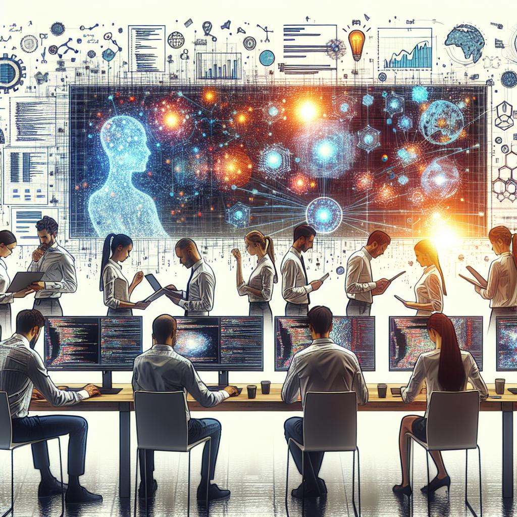 Create a 2D, flat, vector-style corporate image on a white, textureless background. The image features a multicultural, mixed-gender group of technology professionals collaborating. They are intently studying their monitors, which are saturated with data visualizations, algorithms, and lines of code. These elements represent the influence and transformation brought about by generative artificial intelligence in the software development lifecycle. The setting is a well-lit office, embodying a collaborative environment that underscores the importance of teamwork in embracing innovative technologies.