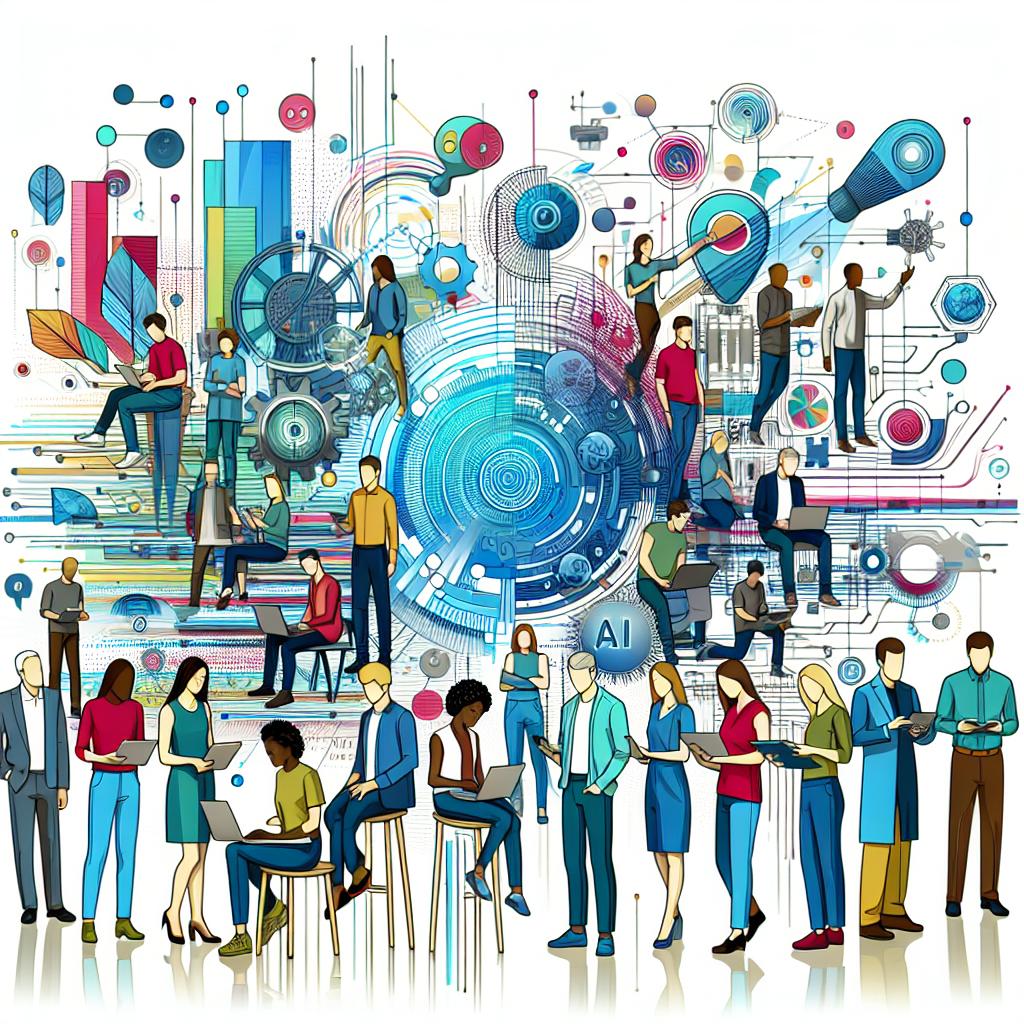 Create a dynamic, vector-style, flat, corporative representation of a group of individuals from a number of backgrounds— technology founders and innovators. The individuals are portraying diversity of various cultures and age groups. This 2D, Linear perspective image will show them collaborating on technological projects, symbolizing the AI revolution. In the background, devise AI devices and futuristic elements. Show interaction between the individuals, demonstrating unity and teamwork. Use vibrant colors and open spaces to symbolize a promising future. All these elements are set against a white, textureless backdrop.