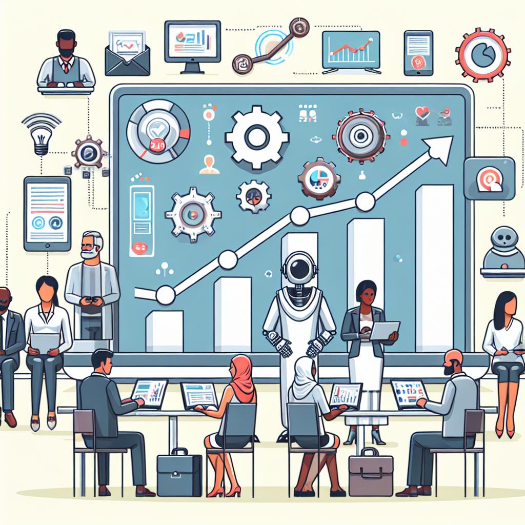 Create a 2D, linear perspective image using a flat, vector, and corporate style. The setting should be a white and textureless background. Illustrate the concept of digital marketing automation with elements that symbolize technology and efficiency. Include graphs showcasing an increase, symbolizing the rise in leads and engagement from automation. Furnish the scene with technology icons which can represent various tools and software used in the process. Depict people of different descents and genders like a Middle-Eastern woman and a South Asian man, interacting with devices suggesting customer connection and experience.