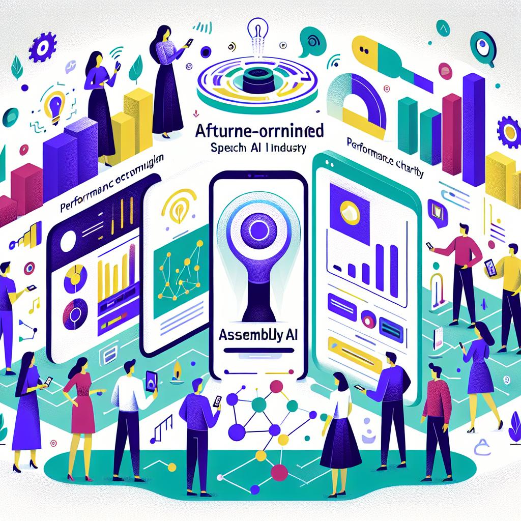 Create a future-oriented, vector flat design illustration that presents the emerging leader in speech AI industry, AssemblyAI, set against a textureless white background. The scene shows users of different genders and descents actively engaging with smart devices as real-time voice data is processed. Essential elements include smart devices that demonstrate speech technology integration into everyday life, performance charts depicting the evolution of speech recognition accuracy, and uses of vibrant colors to convey a sense of innovation and modernity. The variety of speakers indicate the accessibility and inclusiveness of voice technology.