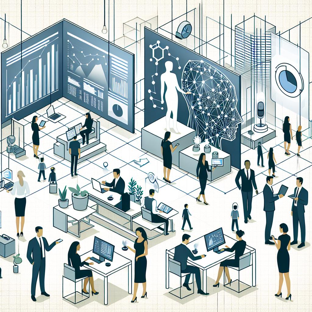 Create a flat, vector style illustration in a corporate tone on a white, texture-less background. The image should depict a modern office environment viewed from a 2D, linear perspective. There are professionals of diverse descents and genders interacting with AI devices. Some professionals are engaging with laptops, symbolizing transformation in the workplace. Data charts are being analyzed in the background, reflecting decision-making based on data. The presence of AI technology exemplifies ongoing innovation. The infrastructure of the office is modern, hinting at a promising and technologically advanced future.