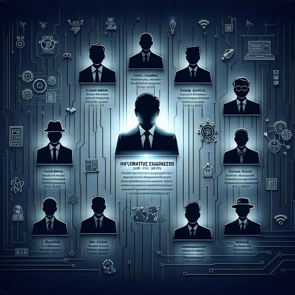 Create a 2D linear perspective vector art illustration in a corporate and flat style that symbolizes the significant contribution of influential engineers. The image background should be dark blue with circuit designs to represent technology. On this background, place silhouettes of non-specific engineers to symbolize their far-reaching contributions to the field. Accompany each silhouette with text displaying their names and accomplishments set in the highlight to remember their legacies. Lastly, scatter around the image, icons representative of energy and communication, symbolizing their areas of expertise.