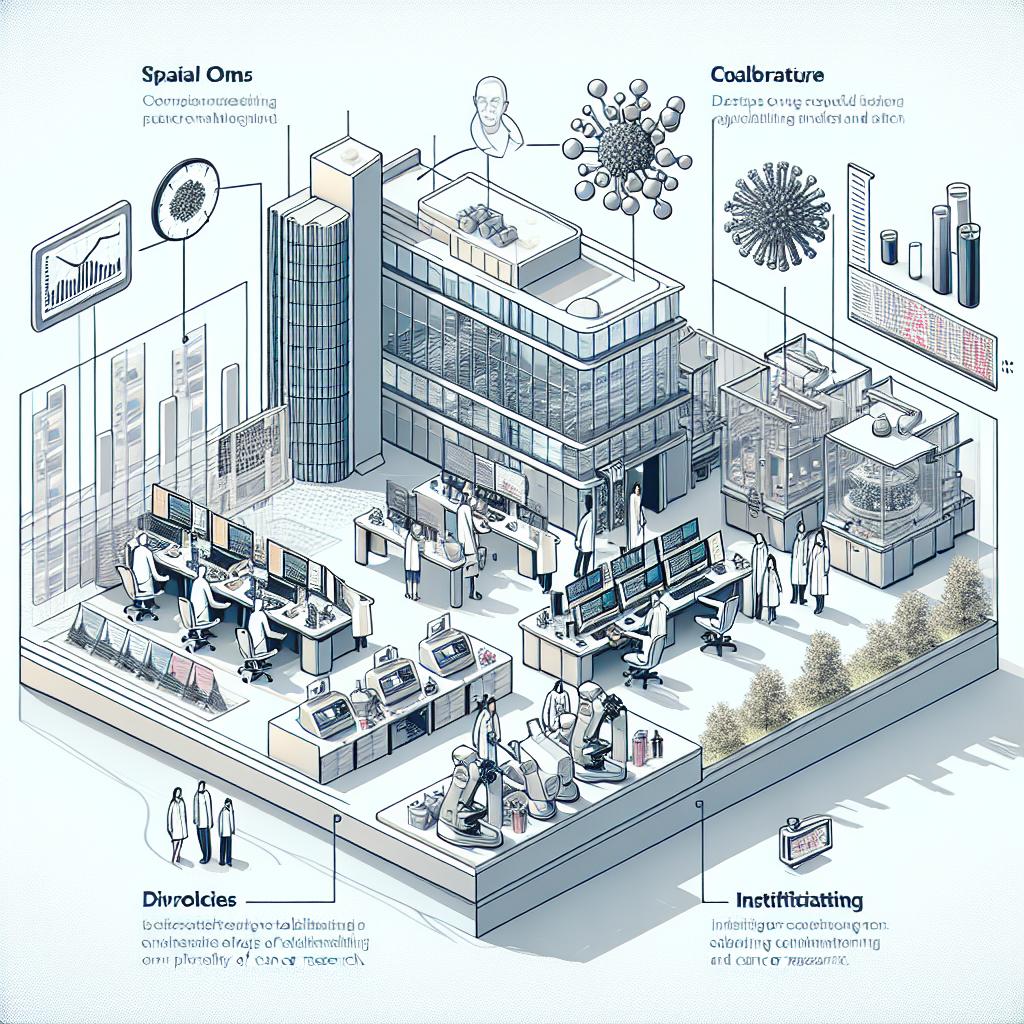 Create an image in a 2D, linear perspective, using a vector style to mimic a corporate aesthetic. The scene should have a white, textureless background. In the image, there should be a montage depicting the innovative technology of spatial omics applied to cancer research. This montage will include patients of multiple descents and genders to highlight the importance of their participation in the project. Institutions collaborating are symbolized by laboratory environments - make sure to differentiate between a few lab settings and equipment types to showcase diversity of scientific approaches. Also, weave in data charts to emphasize data collection and analysis, perhaps on computer screens or printed on paper within the labs.